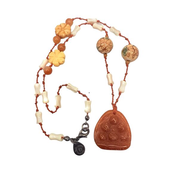 VTG Belle Costes Carved Carnelian Pendant Necklace 20" Bohemian Boho Chic - Picture 8 of 13